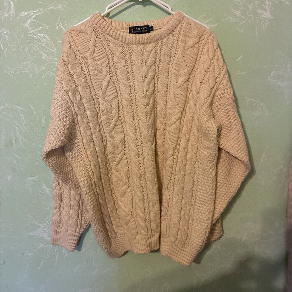 VTG Blarney Woolen Mills Fisherman Cable Knit Sweater Ivory Wool Ireland XXL